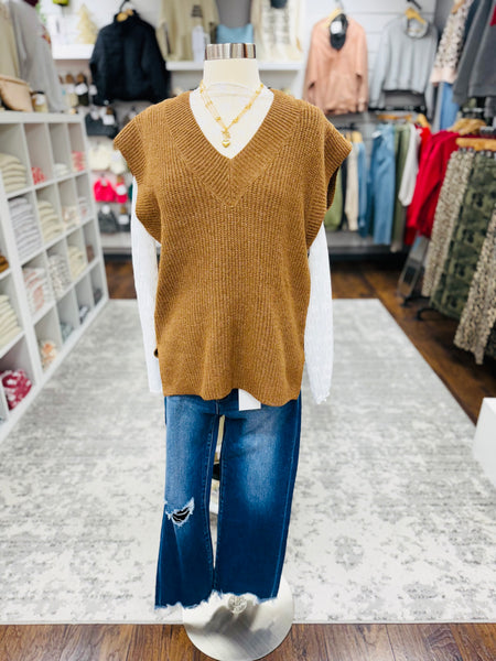 V Neck Boxy Sweater Vest Camel