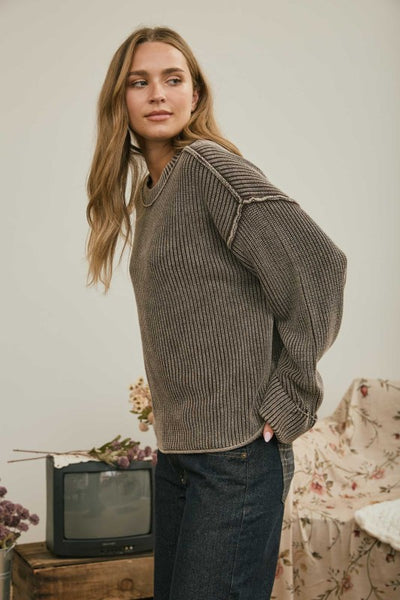 Cuffed Knit Sweater Dark Brown