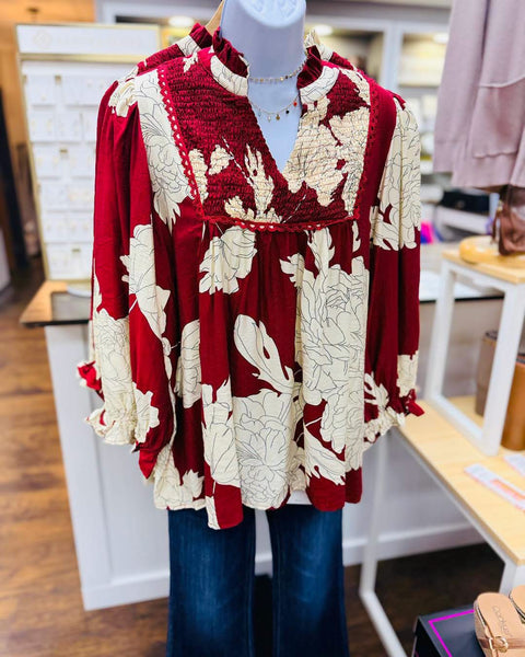 UMGEE Hampton Leaf Print Top Burgundy