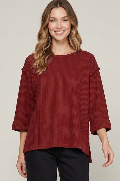 Quarter Sleeve Knit Sweater Top Wine
