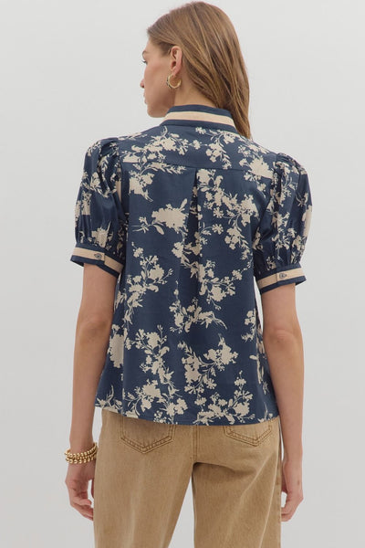 Midnight Blue Floral Puff Sleeve Top