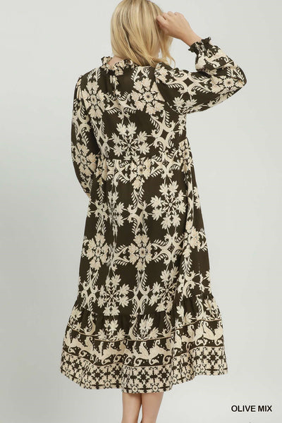 UMGEE Cameron Border Print Maxi Dress Olive