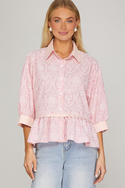 French Pink Quarter Sleeve Peplum Top