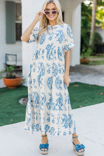 UMGEE Mandarin Collar Tiered Print Maxi Dress Blue Mix