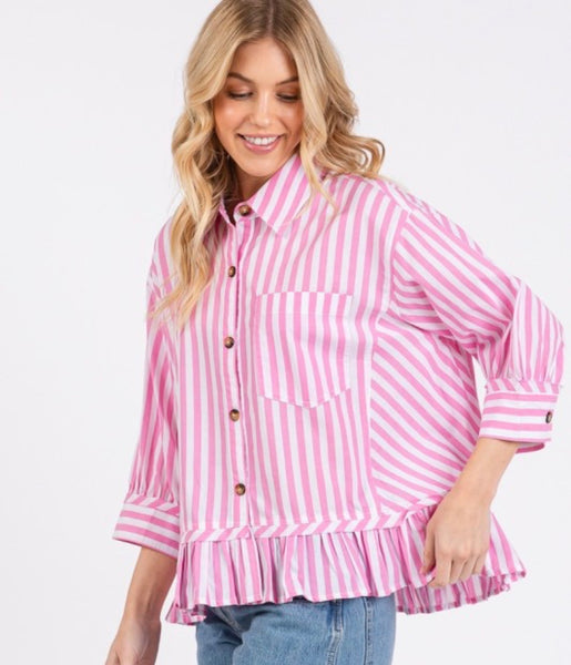 Striped Ruffle Button Down Top Pink