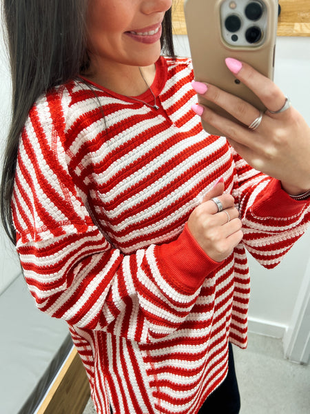 Red Stripe Waffle Knit Top