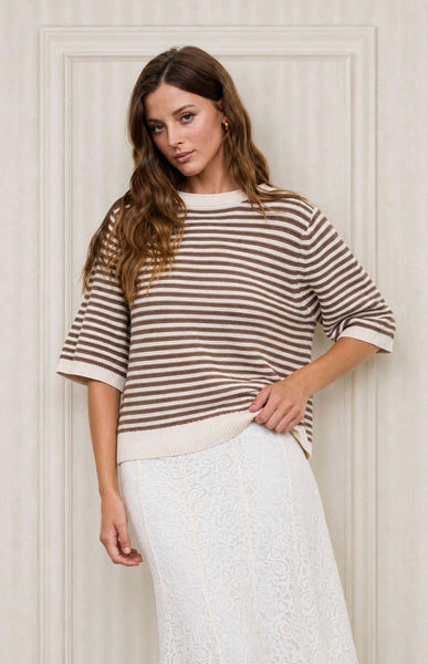 Textured Stripe Knit Top Cocoa Cream