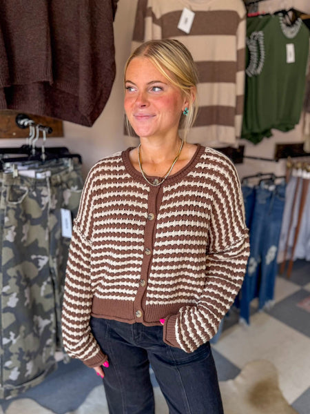Crochet Knit Stripe Cardigan Top Chocolate
