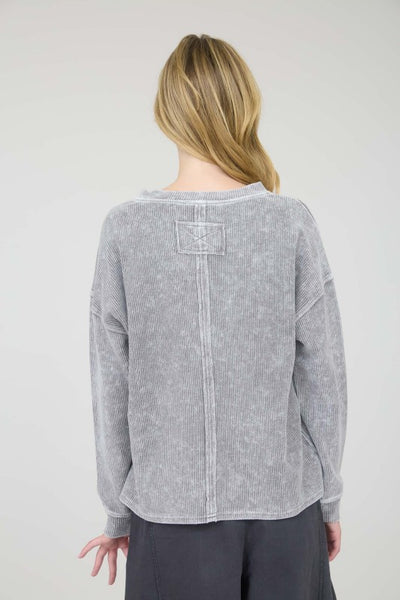 Long Sleeve Rib Knit Pocket Top Grey