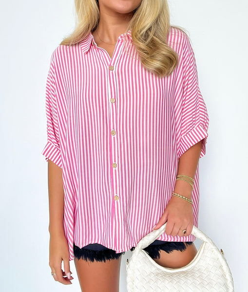 Lucky Stripes Button Down Top Pink