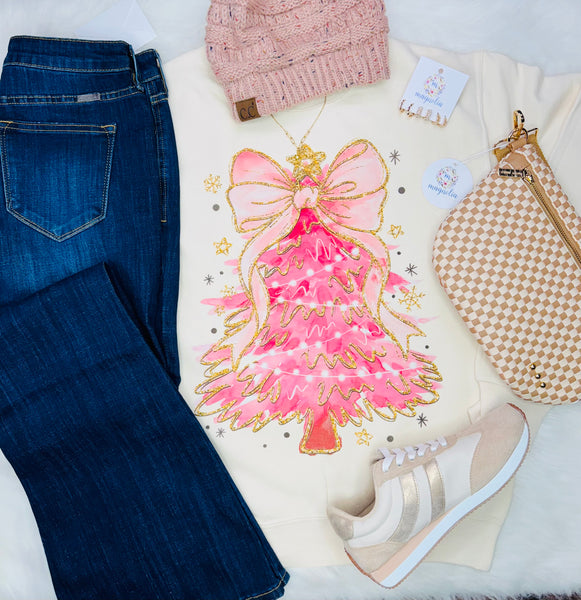Cream Pink Christmas Tree Sweatshirt