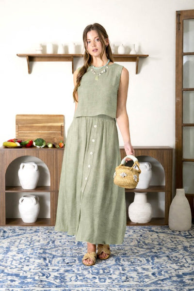 Skirt & Top Button Detail 2PC Set Sage