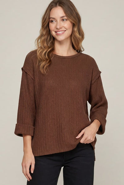 Quarter Sleeve Knit Sweater Top Brown
