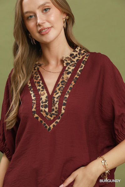 UMGEE Rowan Leopard Contrast Top Wine