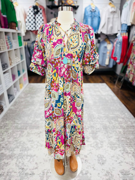 UMGEE Paisley Print A Line 3/4 Puff Sleeve Midi Dress Pink Mix