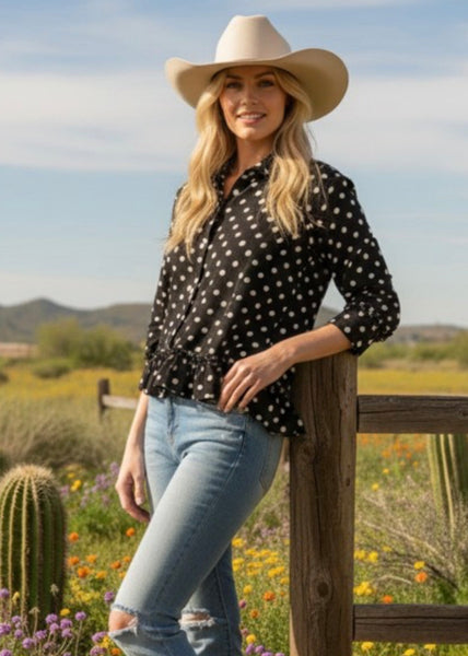 Polka Dot Button Down Peplum Top Black