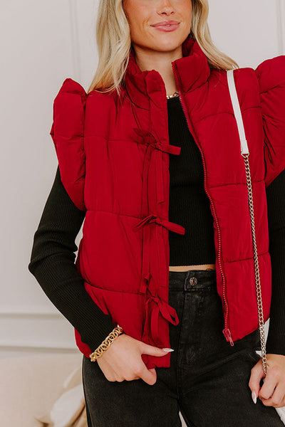 Flutter Sleeve Puffer Vest Red Wine