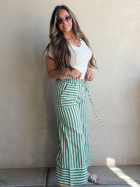 Woven Wide Leg Stripe Pant Green
