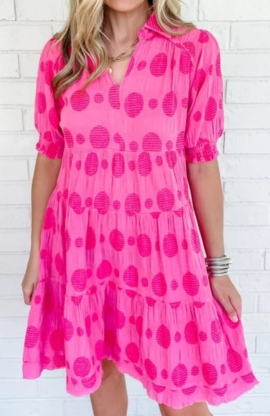 UMGEE Dotted Smocked Puff Sleeve Dress Rose