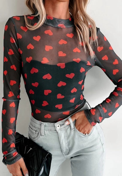 Black & Red Heart Mesh Top