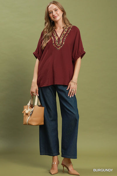 UMGEE Rowan Leopard Contrast Top Wine