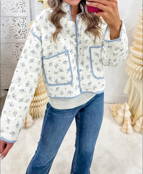 Ivory Blue Floral Quilted Jacket