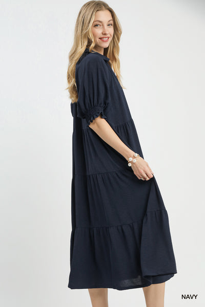 UMGEE Solid Tiered Midi Dress Navy