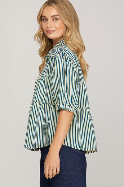 Ruffle Stripe Button Down Top Blue