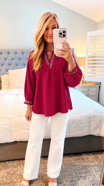 UMGEE Crimson Leopard Trim Top