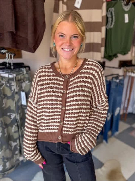 Crochet Knit Stripe Cardigan Top Chocolate