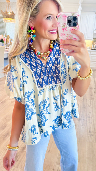 UMGEE Blue Print Boho Puff Sleeve Top