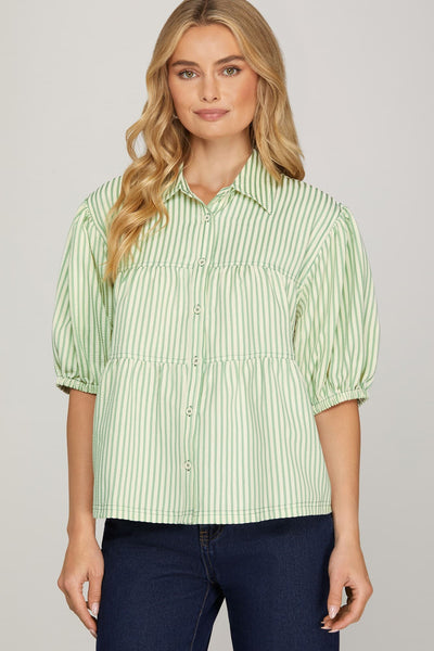 Ruffle Stripe Button Down Top Sage