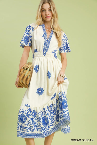 UMGEE Floral Midi Dress Ocean Cream
