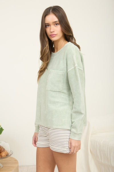Long Sleeve Rib Knit Pocket Top Sage