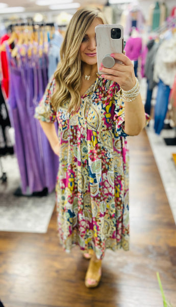 UMGEE Paisley Print A Line 3/4 Puff Sleeve Midi Dress Pink Mix