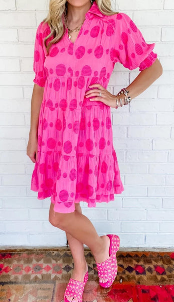 UMGEE Dotted Smocked Puff Sleeve Dress Rose