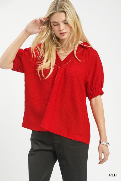 UMGEE Textured V Neck Top Red