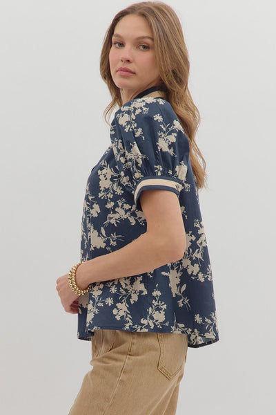 Midnight Blue Floral Puff Sleeve Top