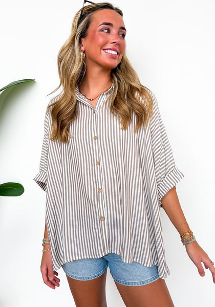 Lucky Stripes Oversized Button Up Brown Stripe