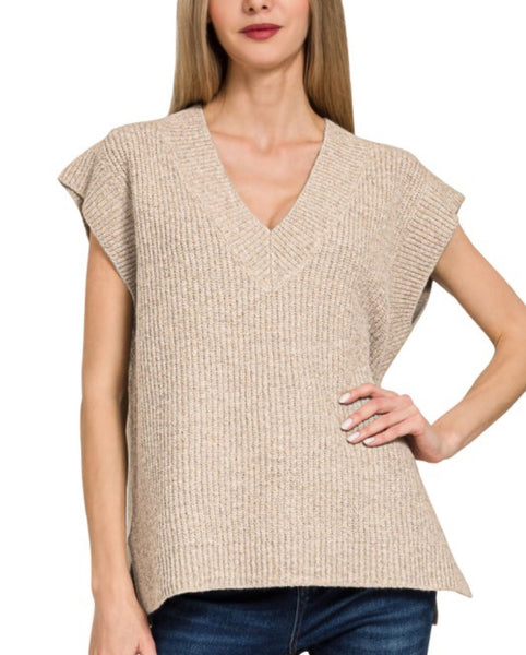 V Neck Boxy Sweater Vest Heather Mocha