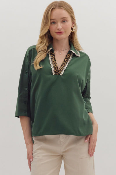 Dark Green Leopard & Lace Collared Top