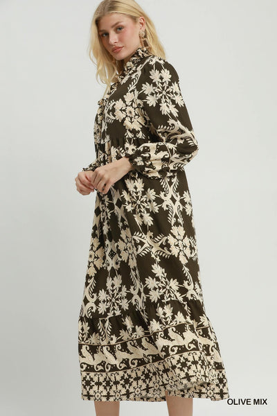 UMGEE Cameron Border Print Maxi Dress Olive