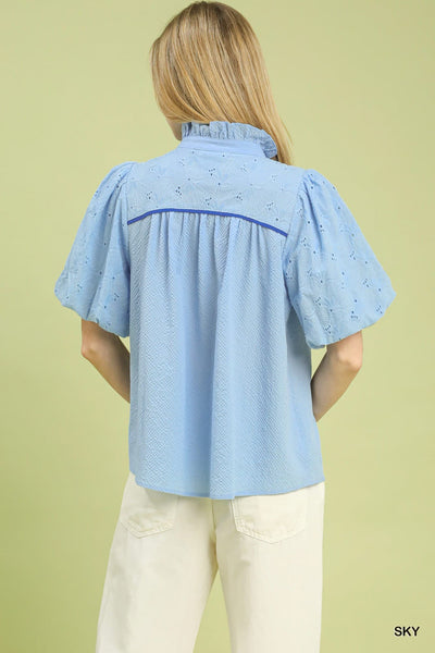 UMGEE Puff Sleeve Eyelet Top Sky Blue