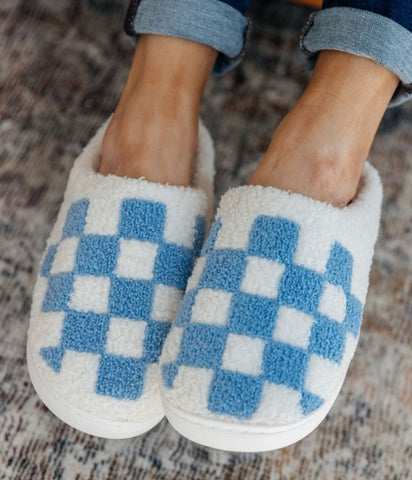 Checkered Plush Slippers Blue