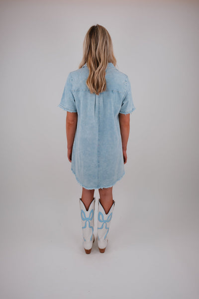 Lizzy Linen Raw Hem Pocket Dress Blue Grey