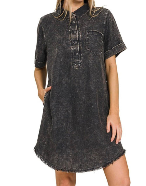 Lizzy Linen Raw Hem Pocket Dress Vintage Black