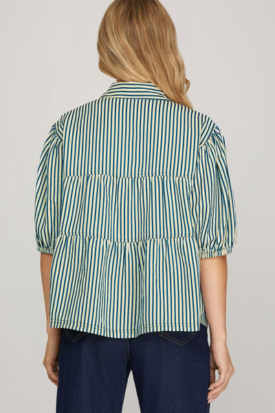 Ruffle Stripe Button Down Top Blue