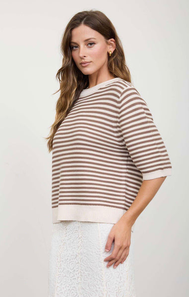 Textured Stripe Knit Top Cocoa Cream