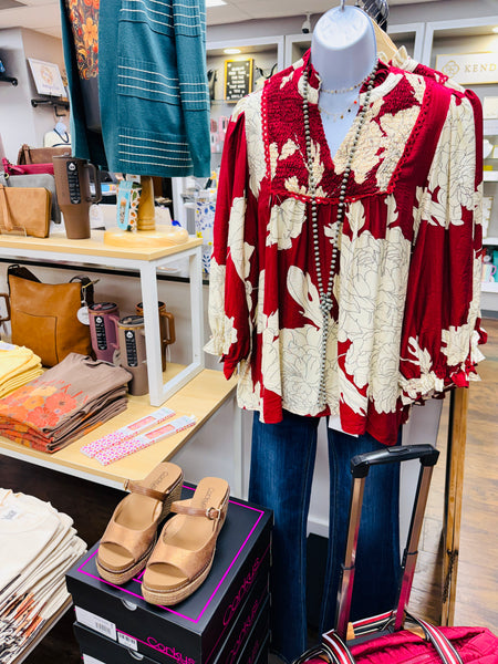 UMGEE Hampton Leaf Print Top Burgundy