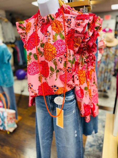 UMGEE Floral Print Ruffle Neck Top Pink Mix